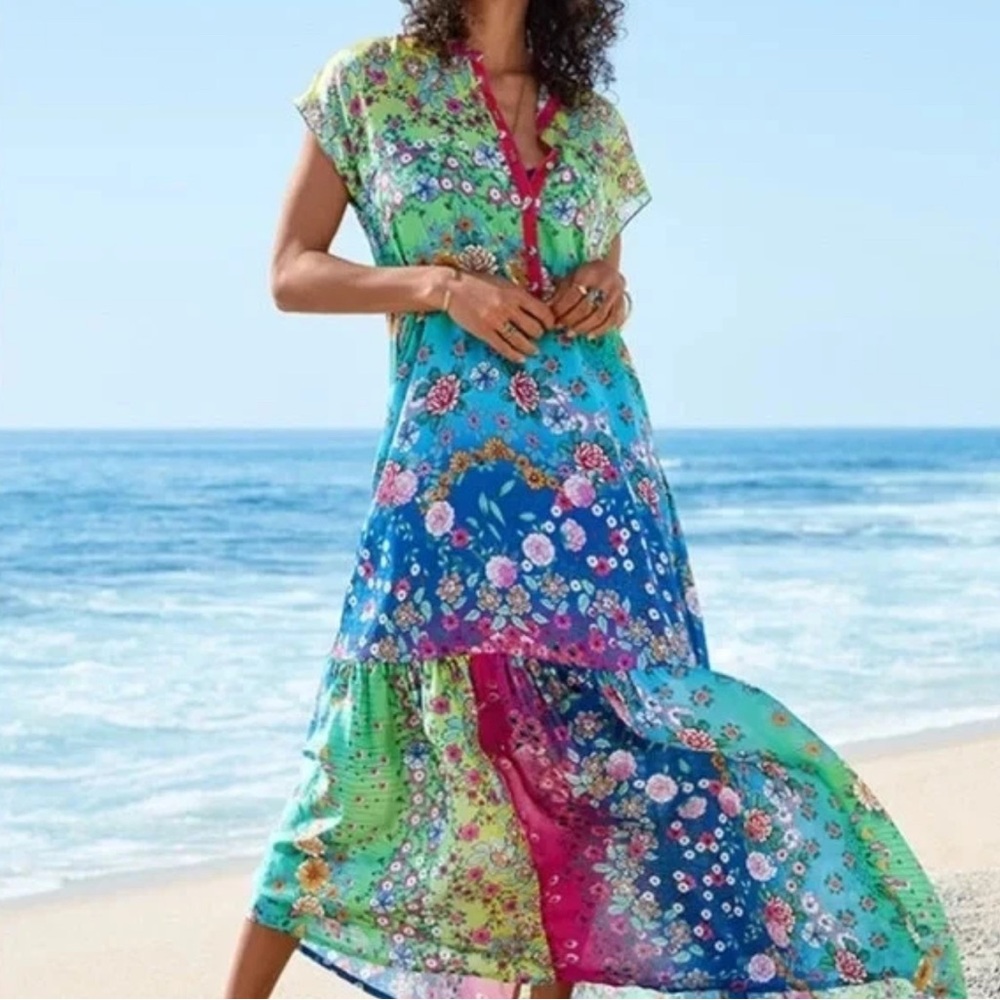 Johnny Was Floral Dress with Pink and Green Accents
